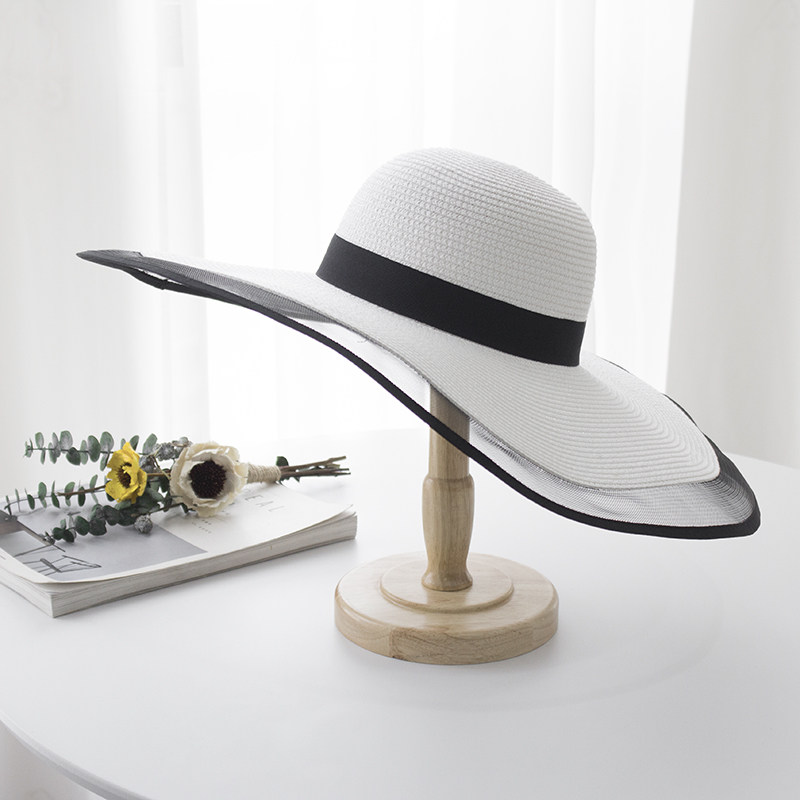 赫本风网纱黑白复古大沿檐草帽女夏天可折叠遮阳帽子海边沙滩帽潮