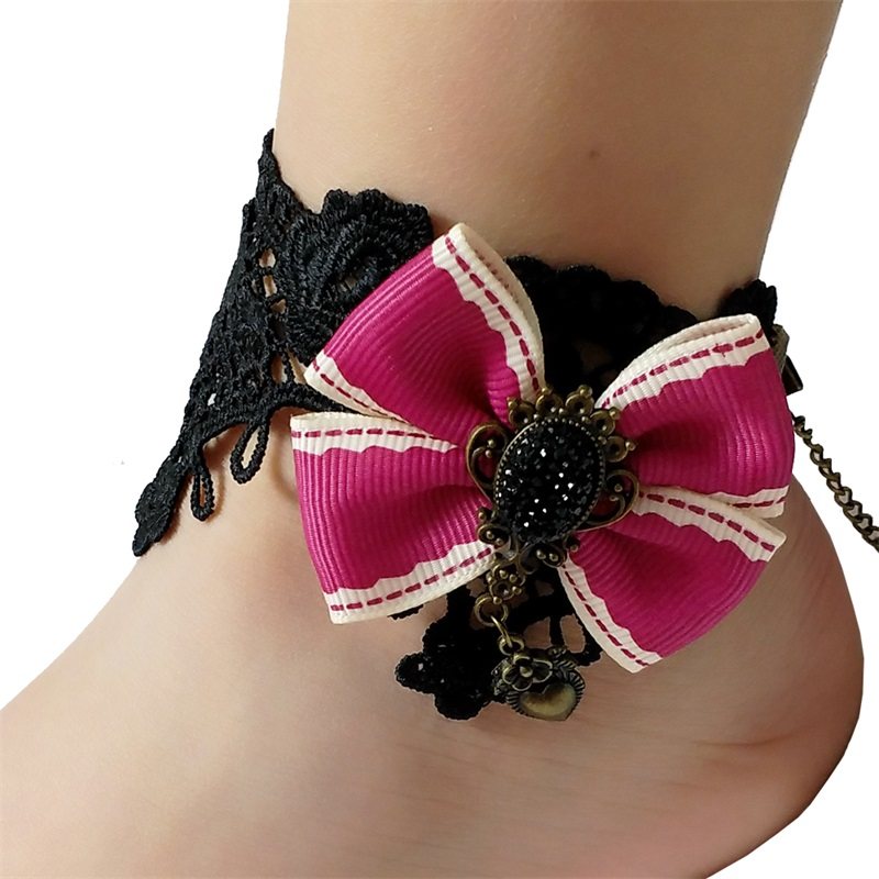 哥特复古蝴蝶结蕾丝脚链脚带外贸配饰个性手工脚链