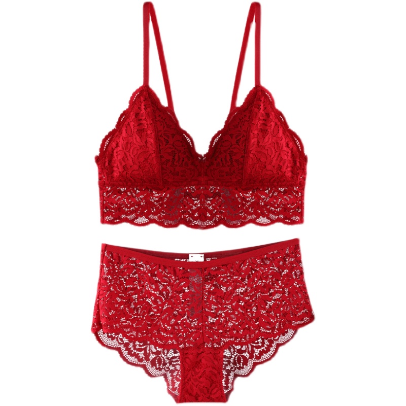 年味大红红色本命年欧美法式性感蕾丝可插片套头文胸