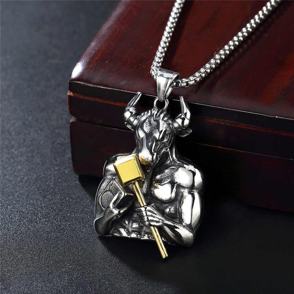 钛钢项链吊坠时尚复古雷神地狱之神牛头生肖项链