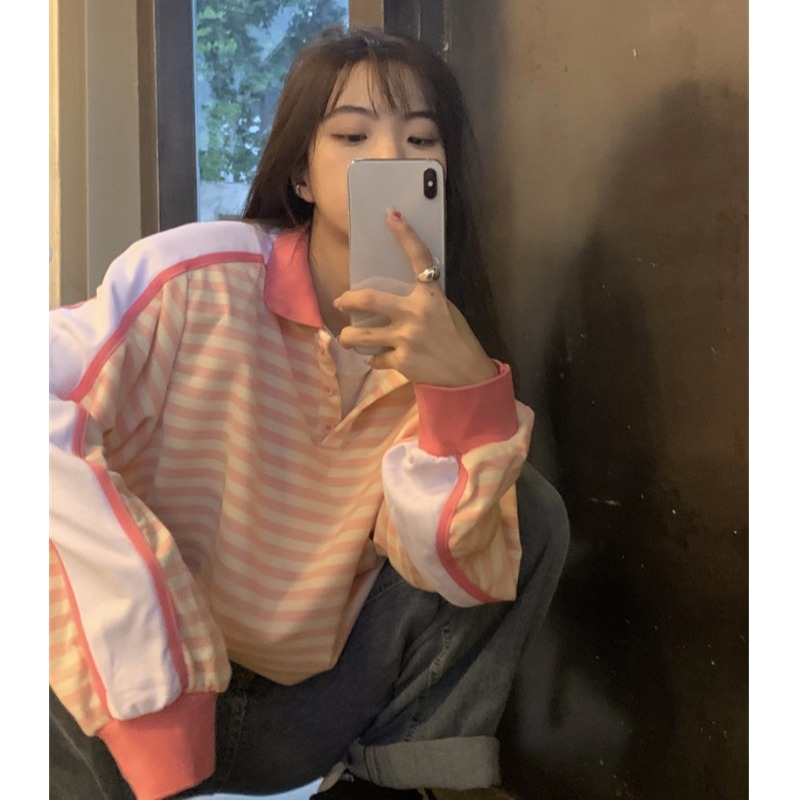条纹Polo领卫衣女宽松韩版春秋季2021新款设计感小众盐系炸街上衣