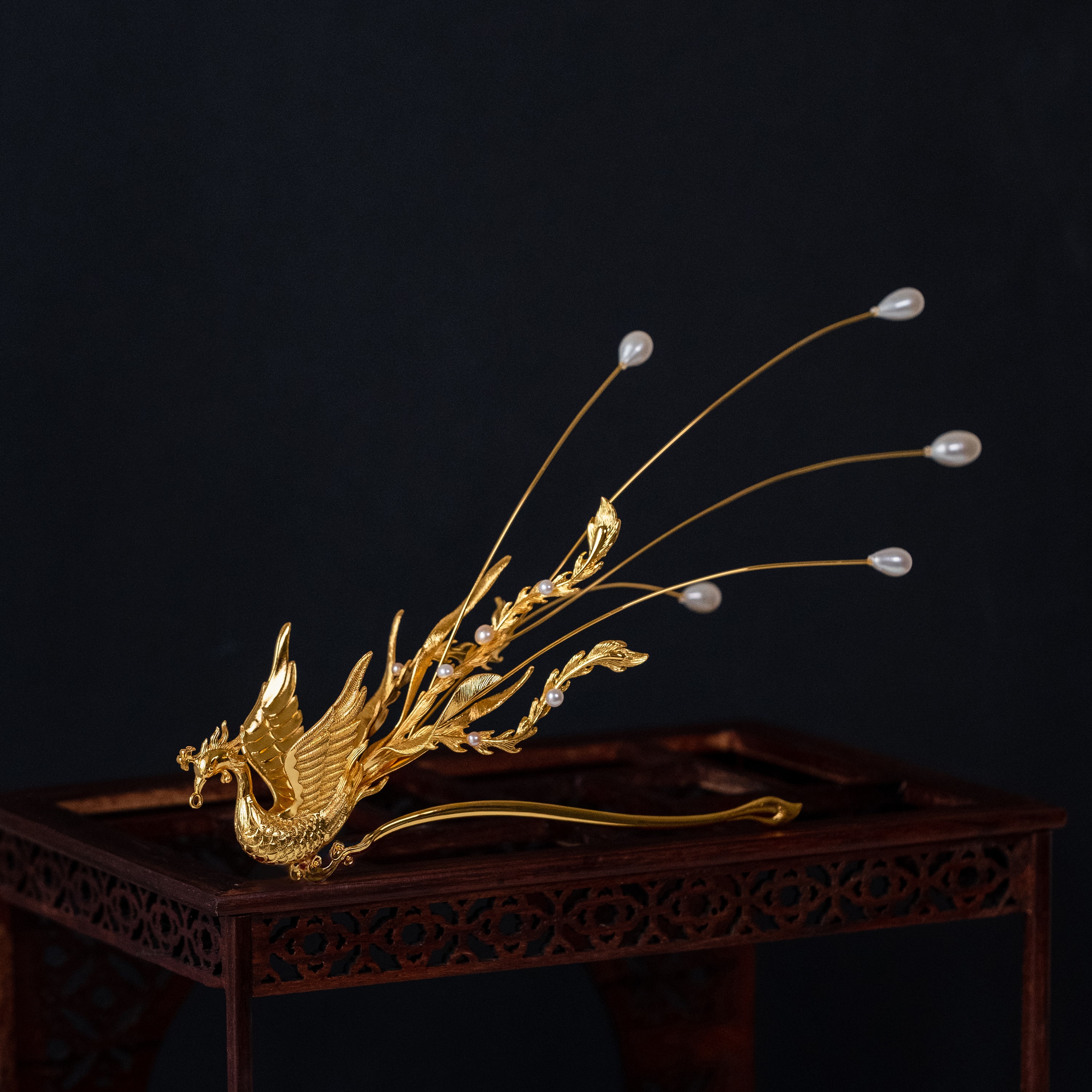 云水水光婵娟s925纯银镀金镶宝立体凤凰侧凤发饰