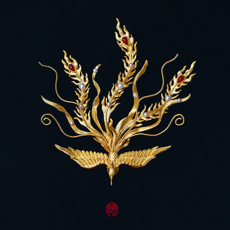 云水水光有凤来仪s925纯银镀金镶宝凤凰发簪发冠发饰