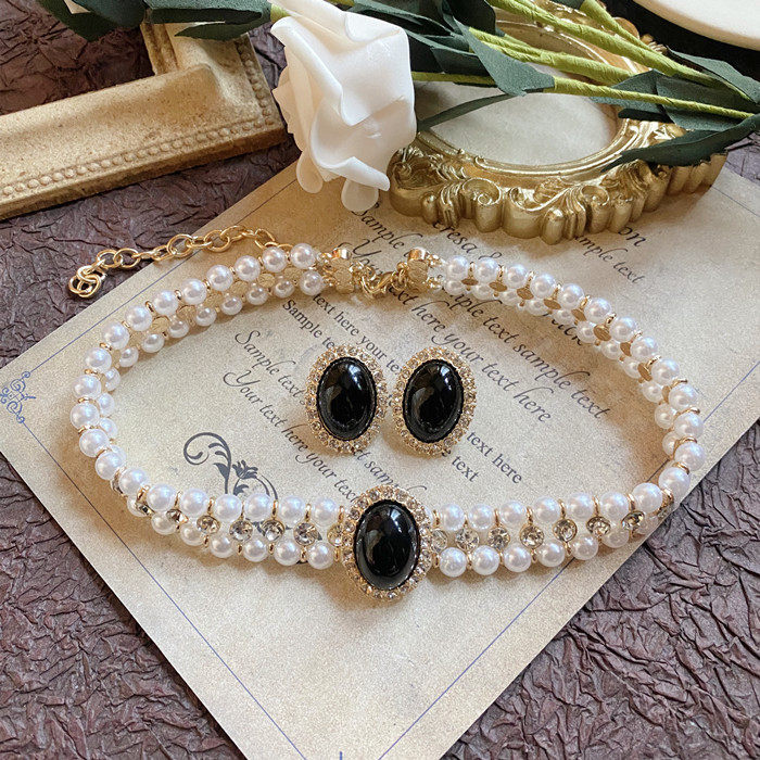 欧美古董宫廷赫本复古气质椭圆珍珠闪钻短款项链