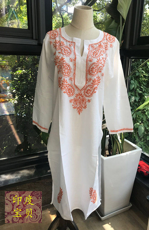 印度进口女士上衣连衣裙长衫少数民族服装白色全棉民族服装