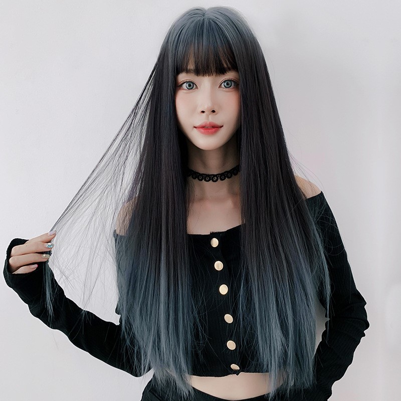 洛丽塔假发长直发挑渐变蓝色空气刘海网红lolita整顶日常整顶假发