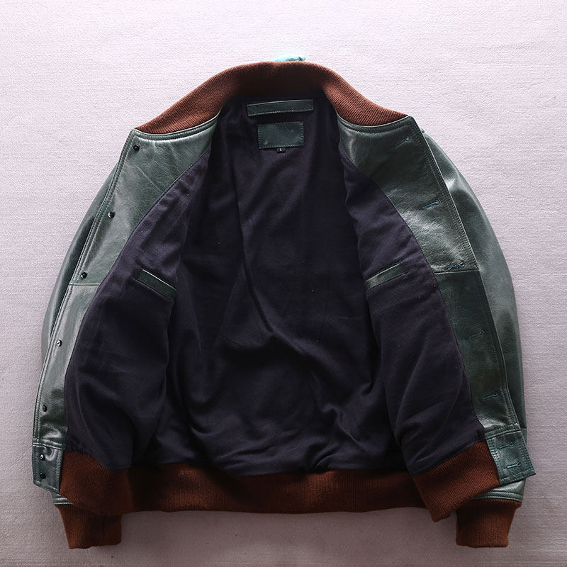 a1飞行员皮夹克茶芯头层黄牛皮橄榄绿单排短款机车皮衣