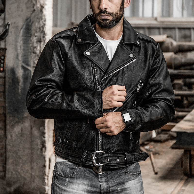 哈雷摩托服男头层牛皮斜拉拉链修身短款机车皮衣