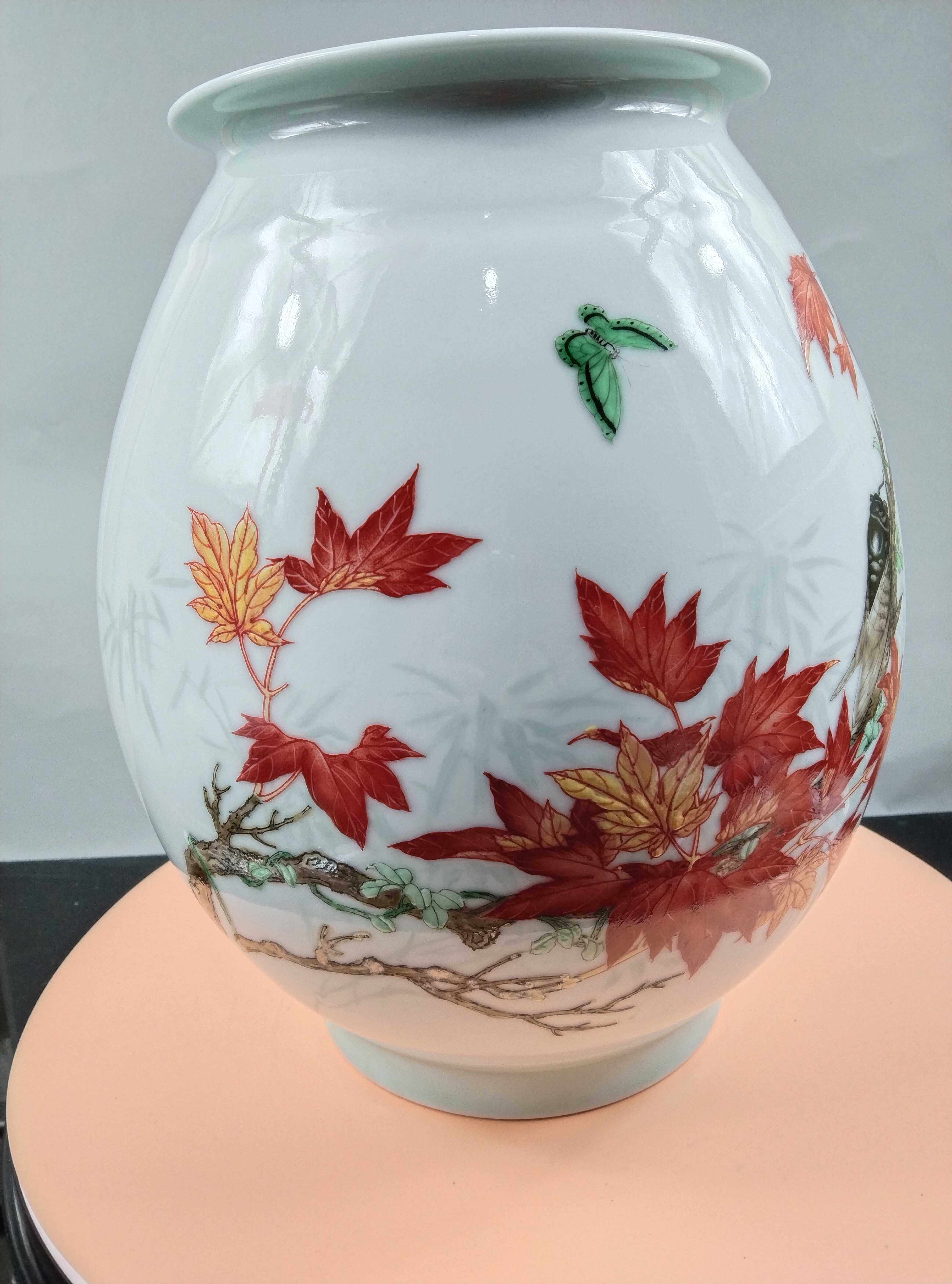 景德镇陶瓷粉彩瓷器现代名人金喜手工绘画作品秋鸣花瓶陶瓷瓶