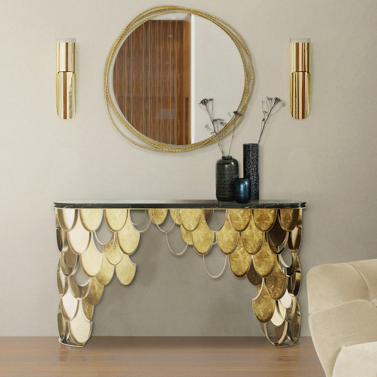 玄关软装设计轻奢门厅过道brabbu金属家具入户大理石玄关台