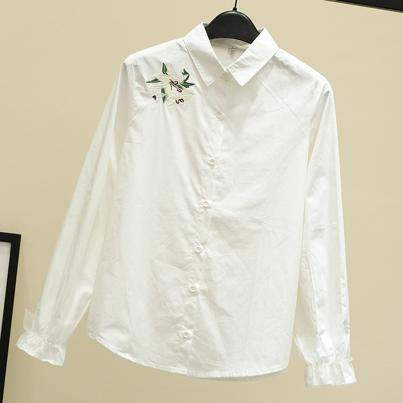 纯棉白色衬衫2020秋季新款民族风刺绣花朵喇叭衬衫