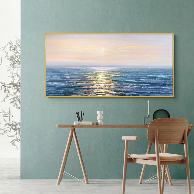 手绘抽象油画现代简约北欧抽象海旋律横版巨幅客厅油画