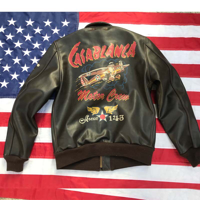 阿美咔叽卡萨布兰卡马皮背画帅气a2空军飞行夹克皮衣