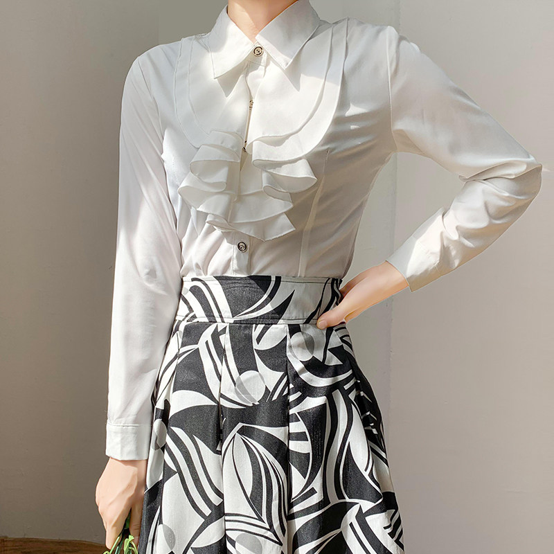 无假期的人四季不败单品公主ol通勤淑女荷叶边长袖衬衫女