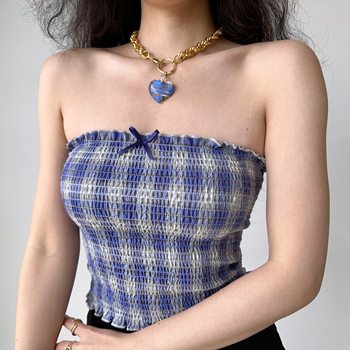 Go Girl Go homemade European and American style retro blue plaid tube top for women summer outerwear hot girl sleeveless top