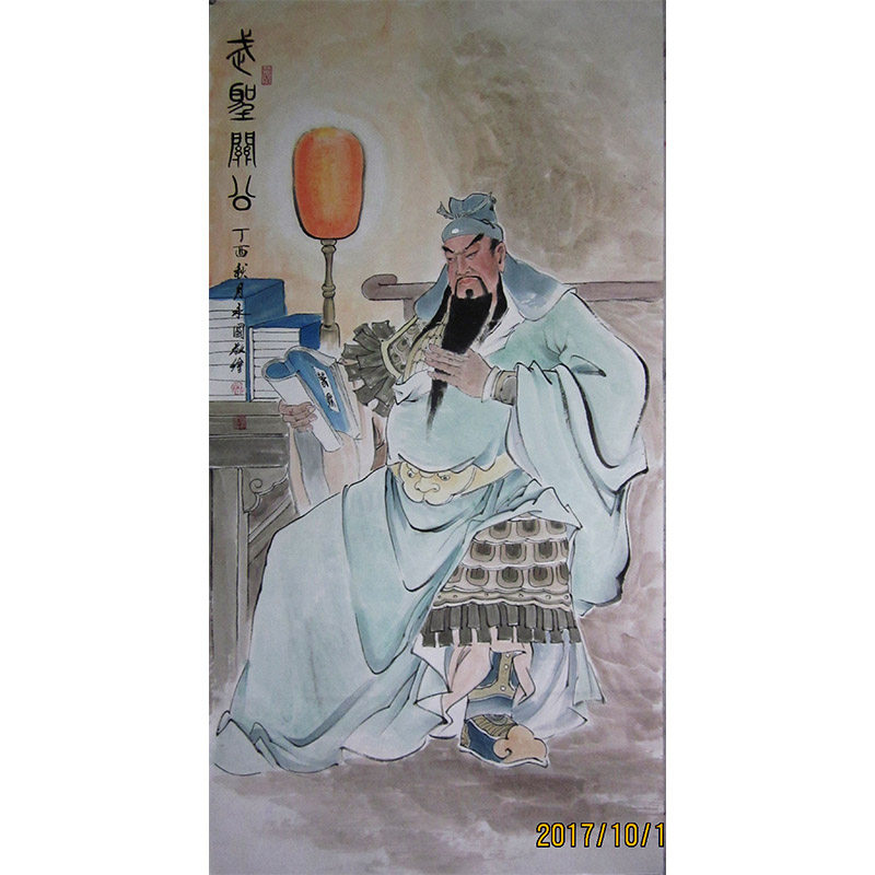 中堂客厅挂画三联装饰画关羽画像关公夜读春秋国画