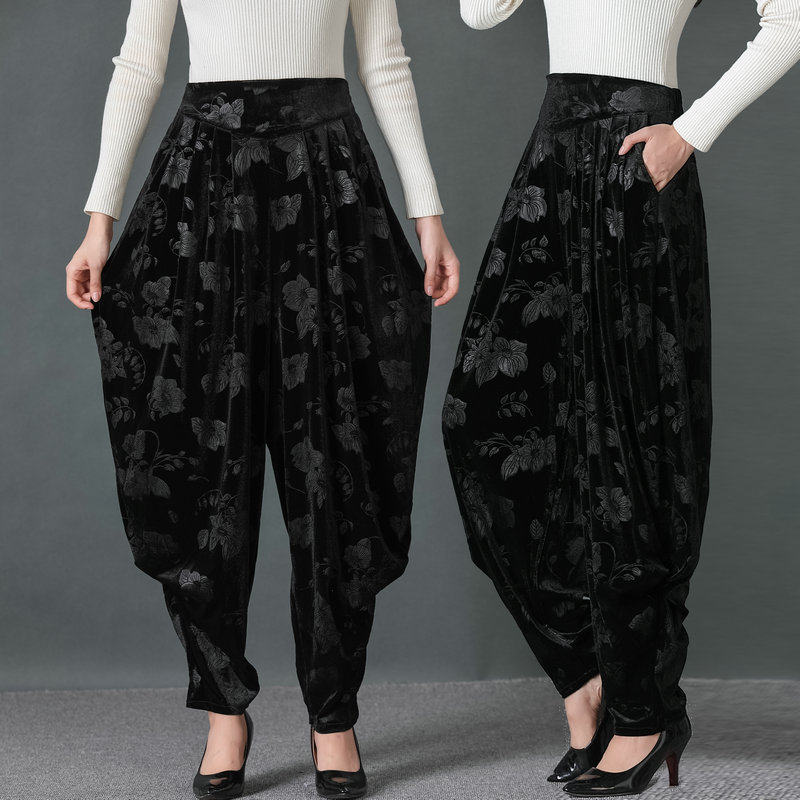 灯笼裤春秋长裤大码宽松萝卜黑色压花裤子妈妈休闲裤