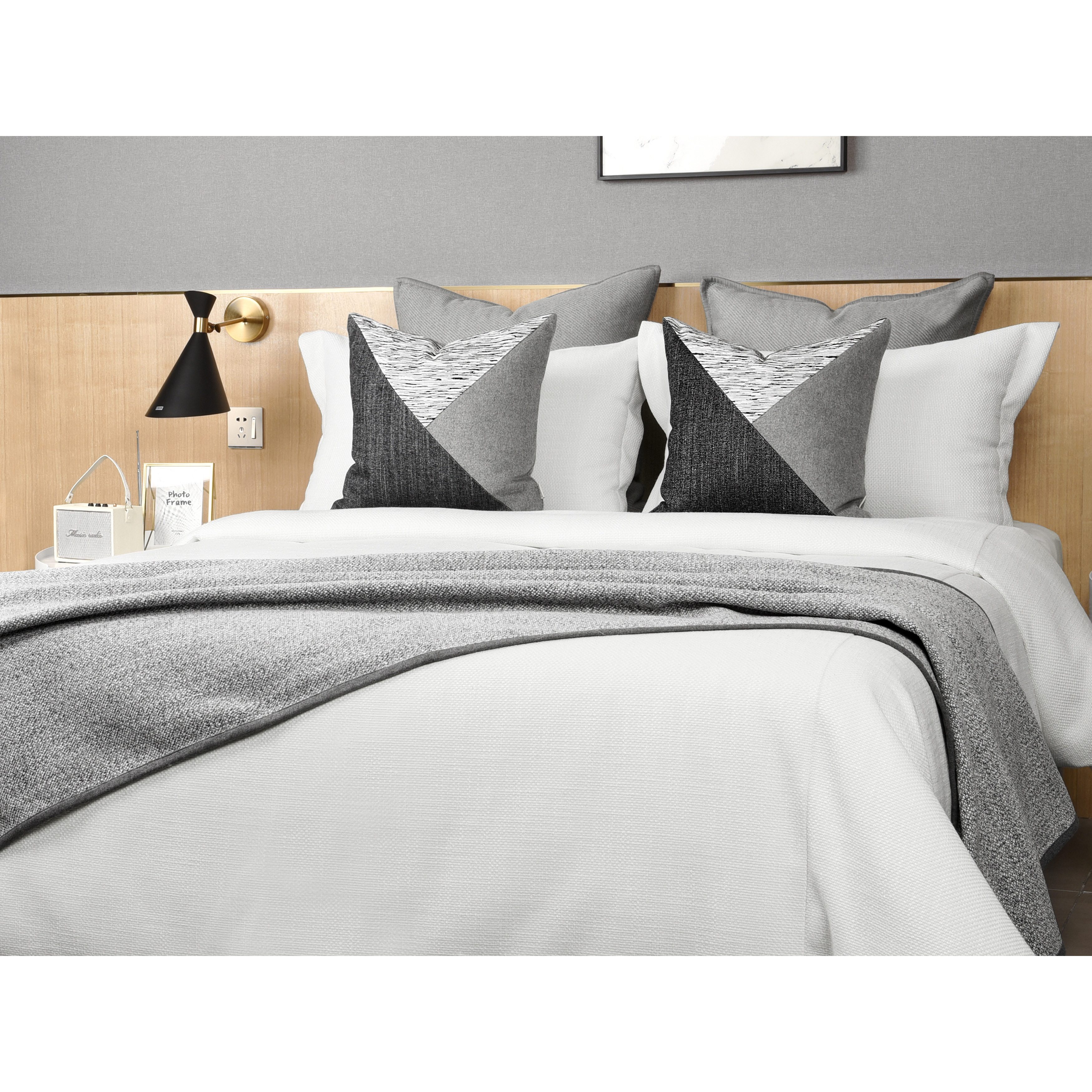 软装高端样板房北欧简约现代灰黑白色肌理不规则床品套件