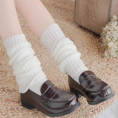 日系针织白色袜套原宿小腿套女学院制服长筒竖条堆堆袜薄款中筒袜