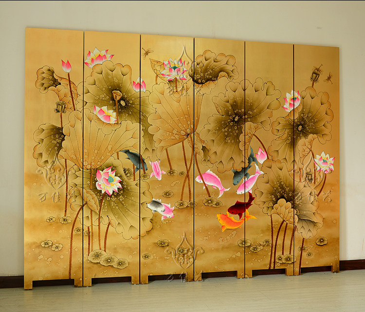 九鲤聚财屏风金箔九鱼手绘客厅隔断现代新中式折屏