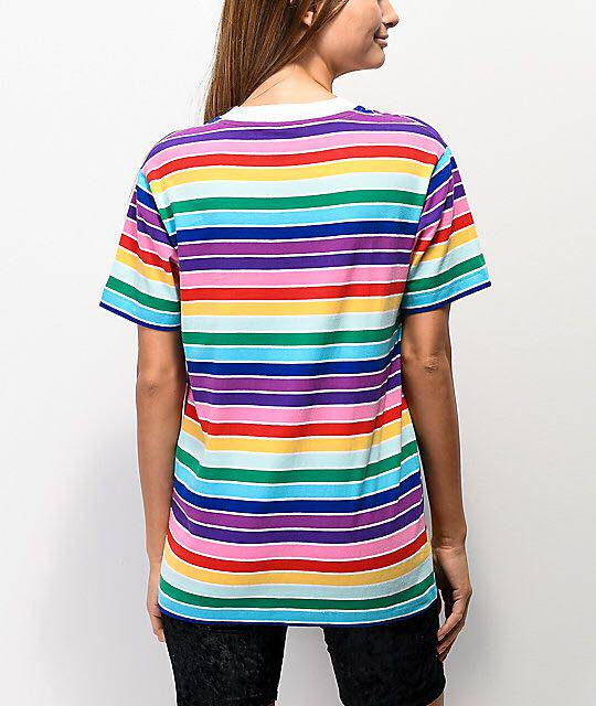 美国正品代购oddfuture可爱彩虹色条条纹刺绣t恤
