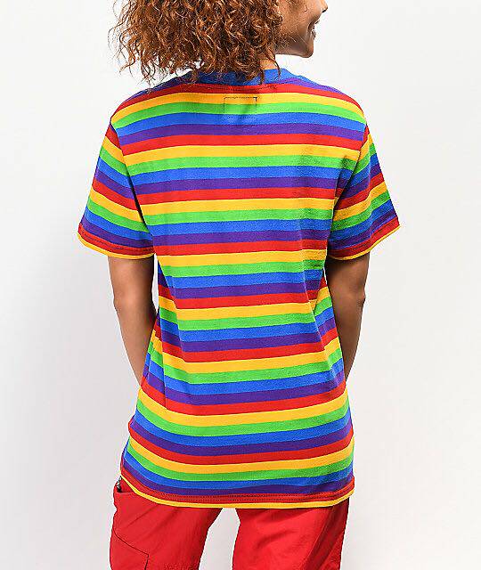 美国正品代购oddfuture可爱彩虹色条条纹刺绣t恤