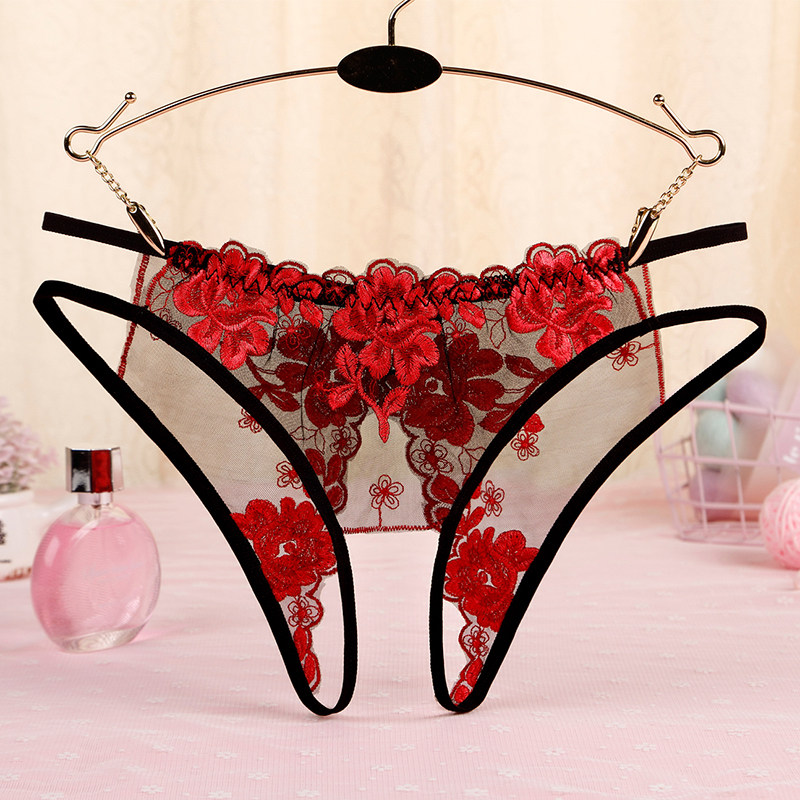 3条开档内裤女刺绣花网纱低腰超薄透明诱惑女三角裤