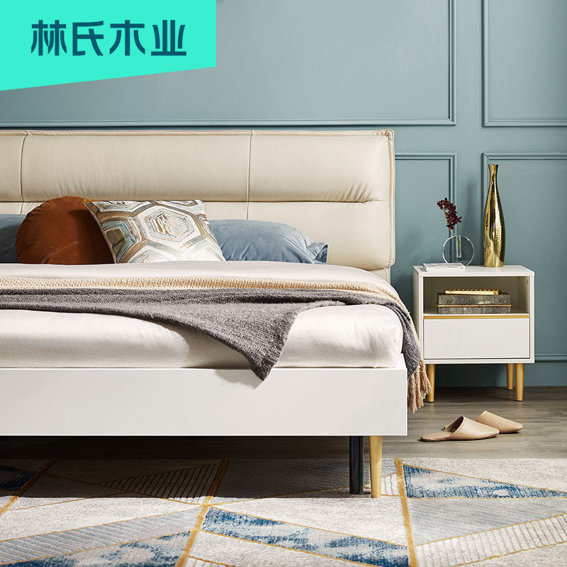 林氏木业轻奢科技布软包储物双人床卧室现代简约小户户型板式床
