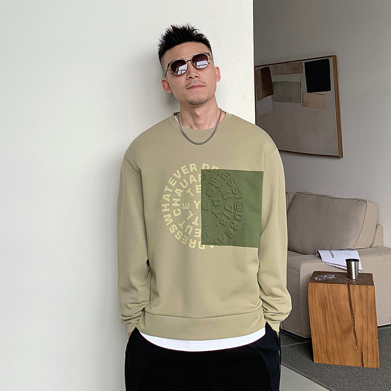 杠叔秋冬季男士圆领卫衣立体字母印花加绒加厚上衣美式潮外套休闲