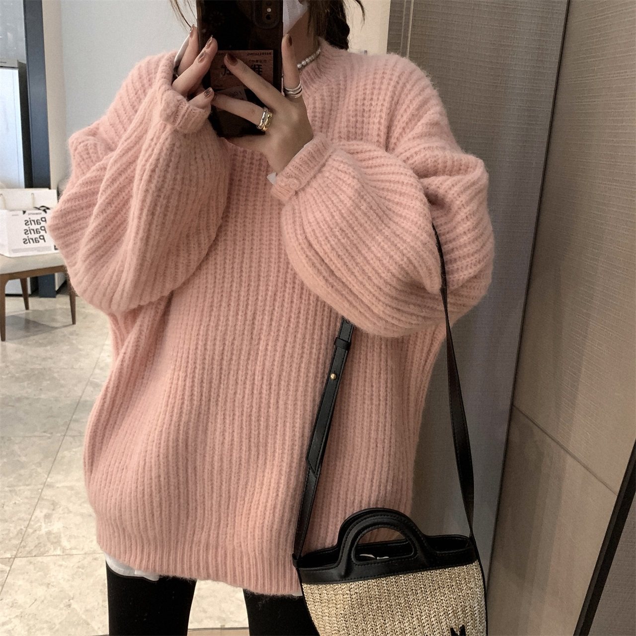 秋冬粉色温暖纸片显瘦慵懒宽松国风新款韩国风毛衣