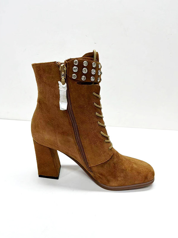 vme女鞋舞魅短靴粗跟拉链羊皮水钻铆钉皮带扣时装靴