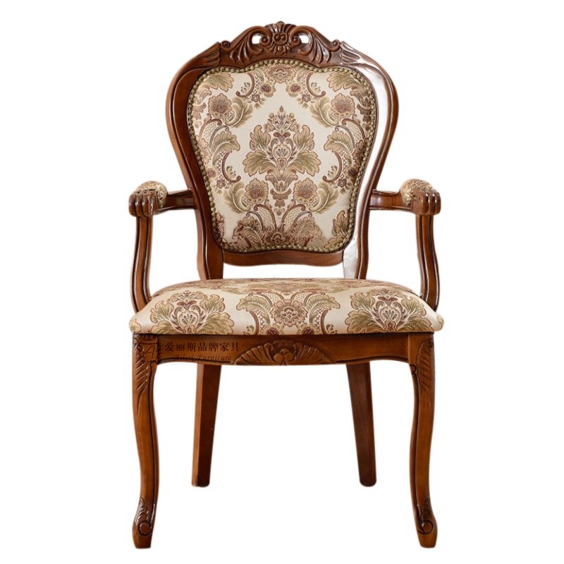 欧式美式布艺真皮椅子实木餐椅子成人扶手椅麻将椅餐厅家用靠背椅