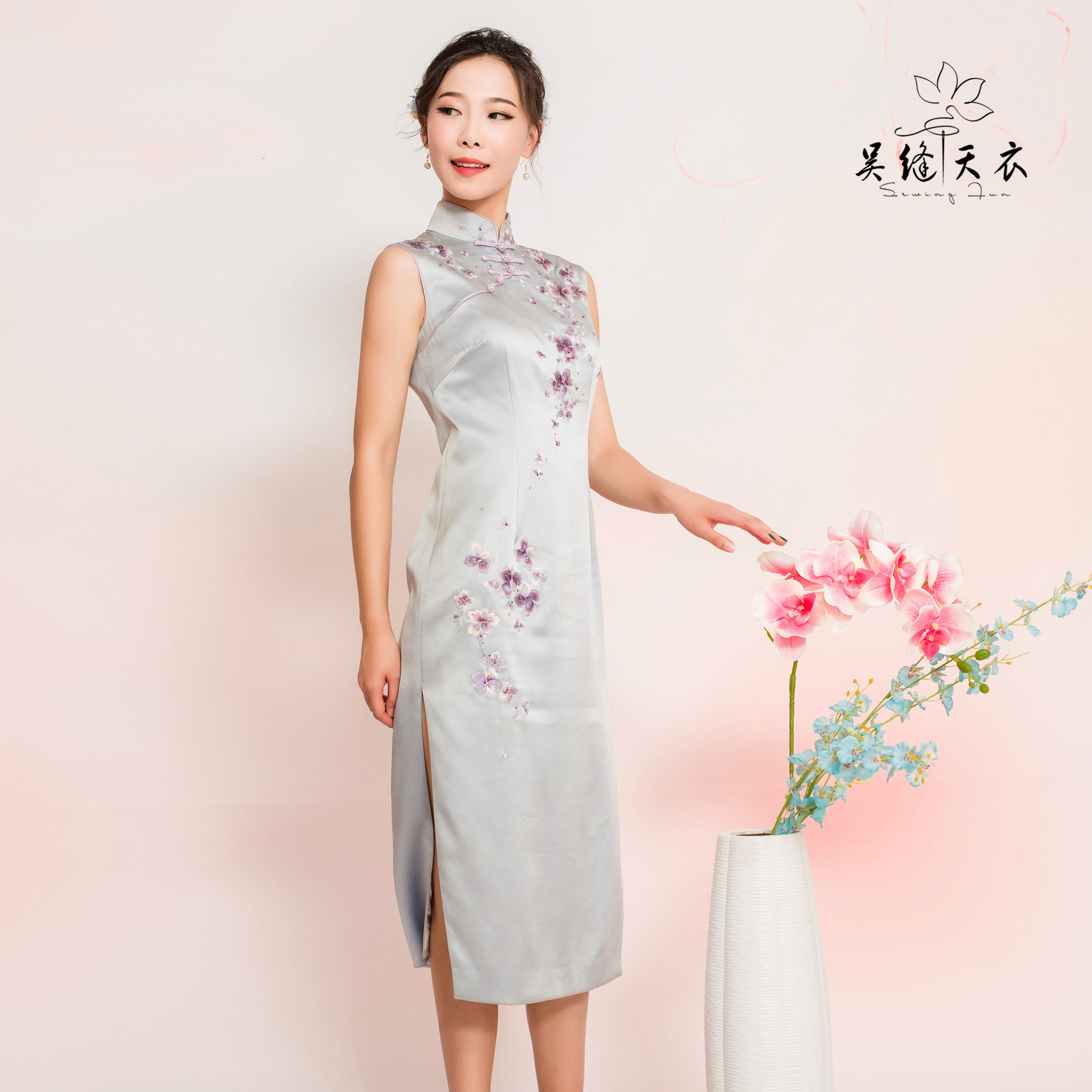 吴缝天衣高端定制桑蚕蚕丝手工苏派旗袍中长旗袍