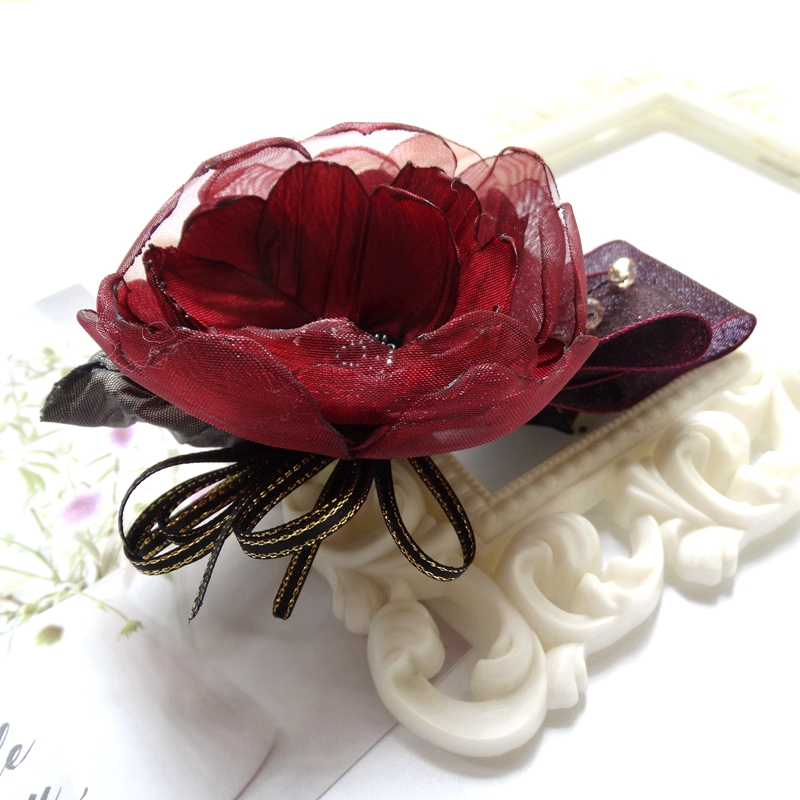 成人头饰绢纱花朵喜气红色优雅顶夹发夹盘发发饰