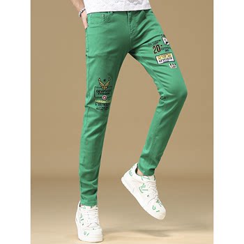 ຍີ່ຫໍ້ Trendy ຊັ້ນສູງເອີຣົບລ້າງ jeans ຜູ້ຊາຍ embroidered slim ຕີນ elastic summer trousers ສີຂຽວໃຫມ່ສີຂຽວ