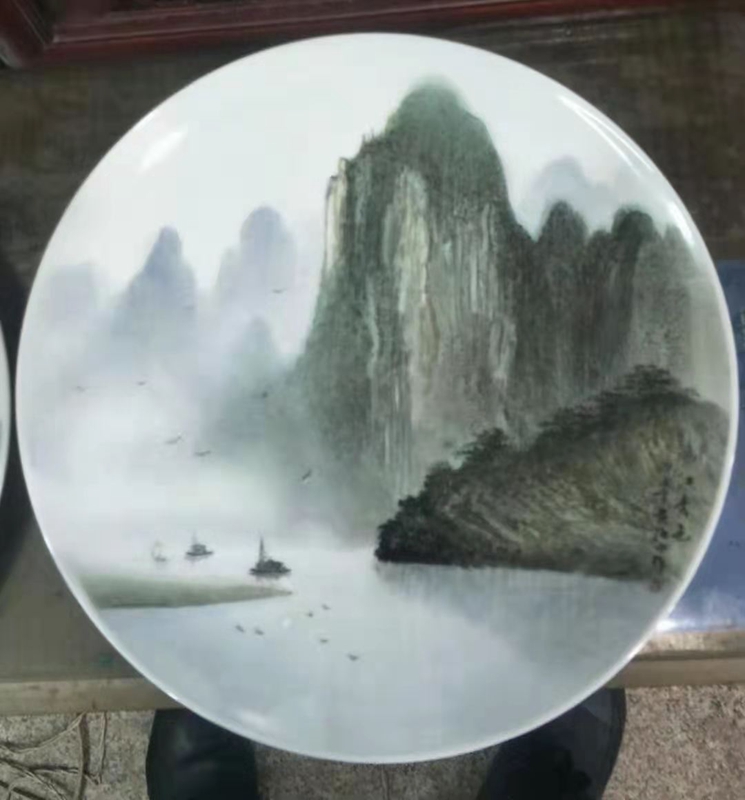 景德镇陶瓷装饰坐盘手绘山水风景画圆盘春色摆设装饰坐盘