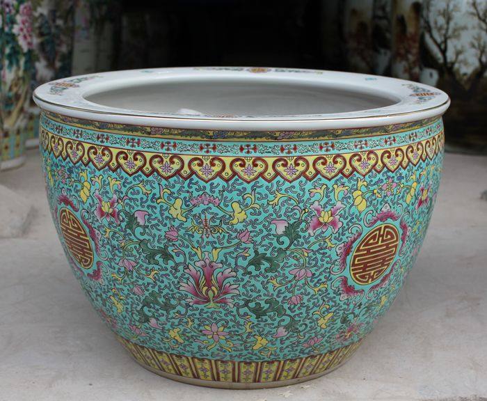 鱼缸景德镇陶瓷大号手绘仿古粉彩寿字万花缸金创意桌面缸