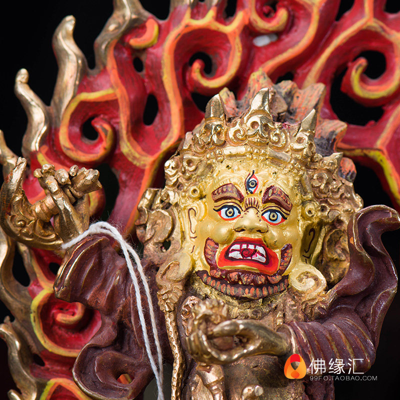 佛缘尼泊尔手工6寸半鎏金黑袍金刚二臂玛哈嘎拉摆件