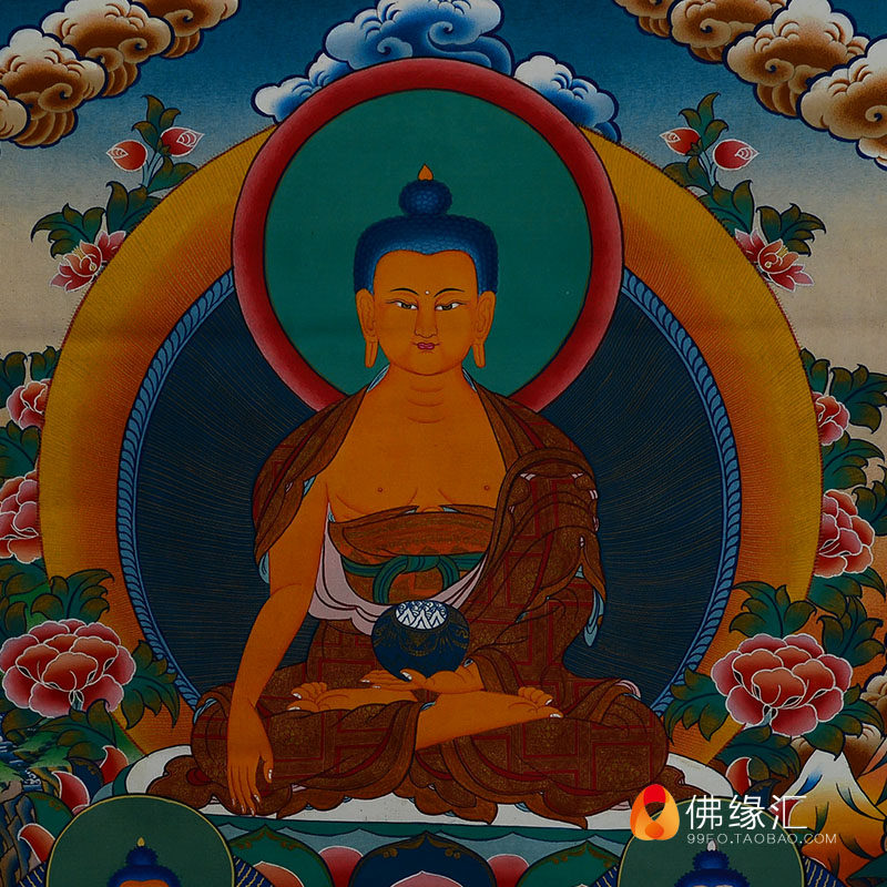 尼泊尔天然矿物颜料释迦摩尼佛像画像挂画三世佛释迦牟尼佛唐卡