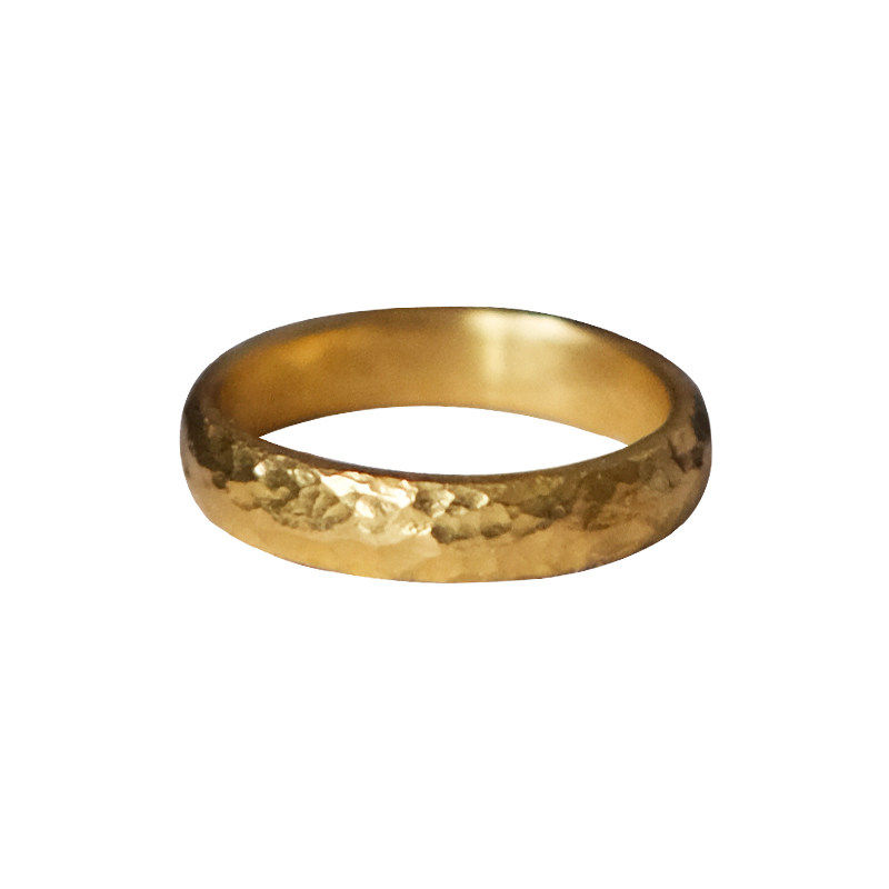 素木古法手工艺锤纹足金戒指黄金奶奶戒素金情侣手饰