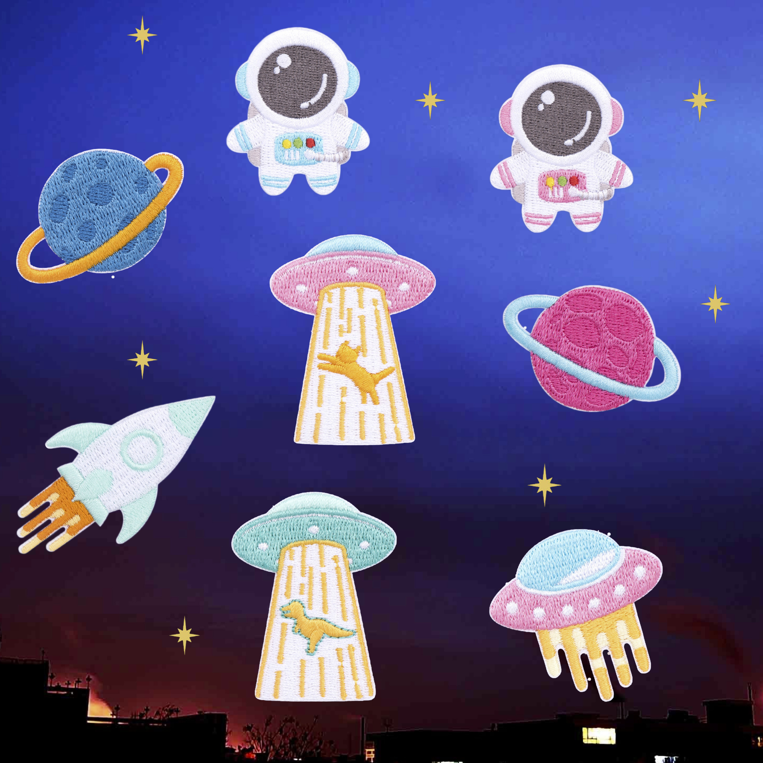 可爱太空星球宇航员自粘布贴补丁刺绣diy装饰布贴