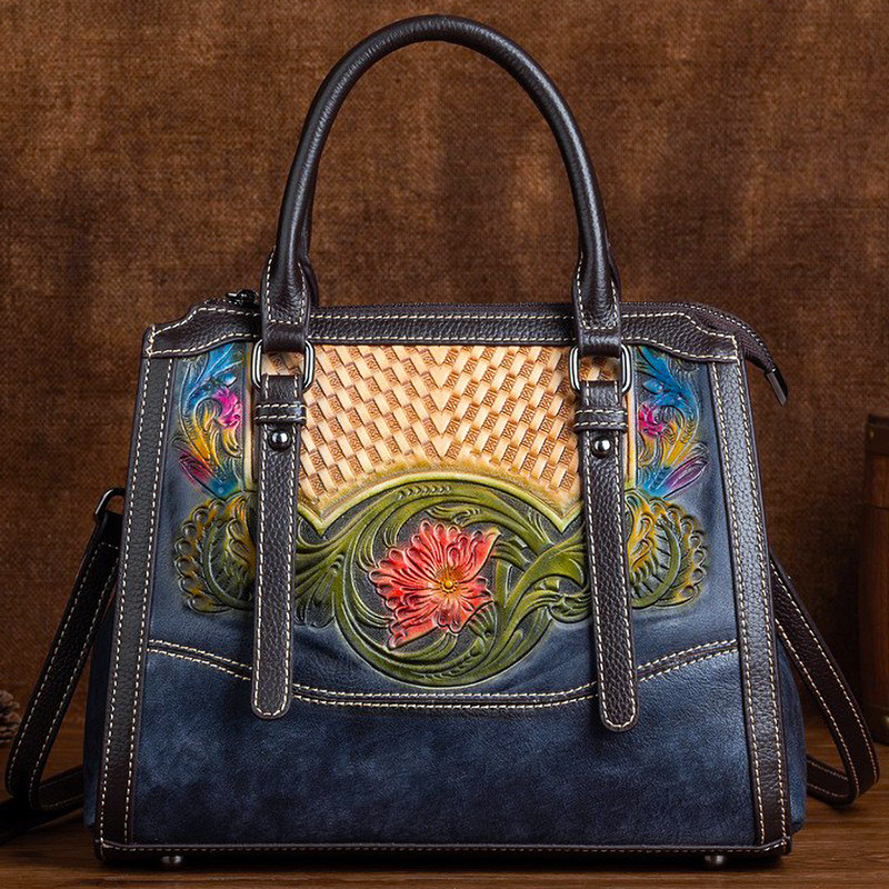 民族风真皮女包压花花时尚手提包擦色复古小方包头小方包