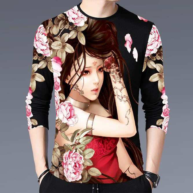 春秋季薄款男装2021潮印花衣服汉服休闲男装男长袖中国风网红T恤