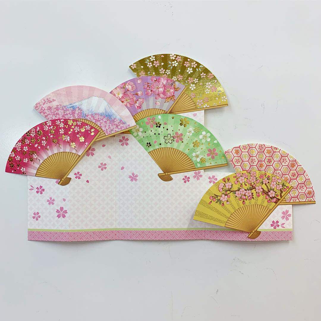 日本春天立体贺卡烫金樱花元素扇子母亲节新年贺卡