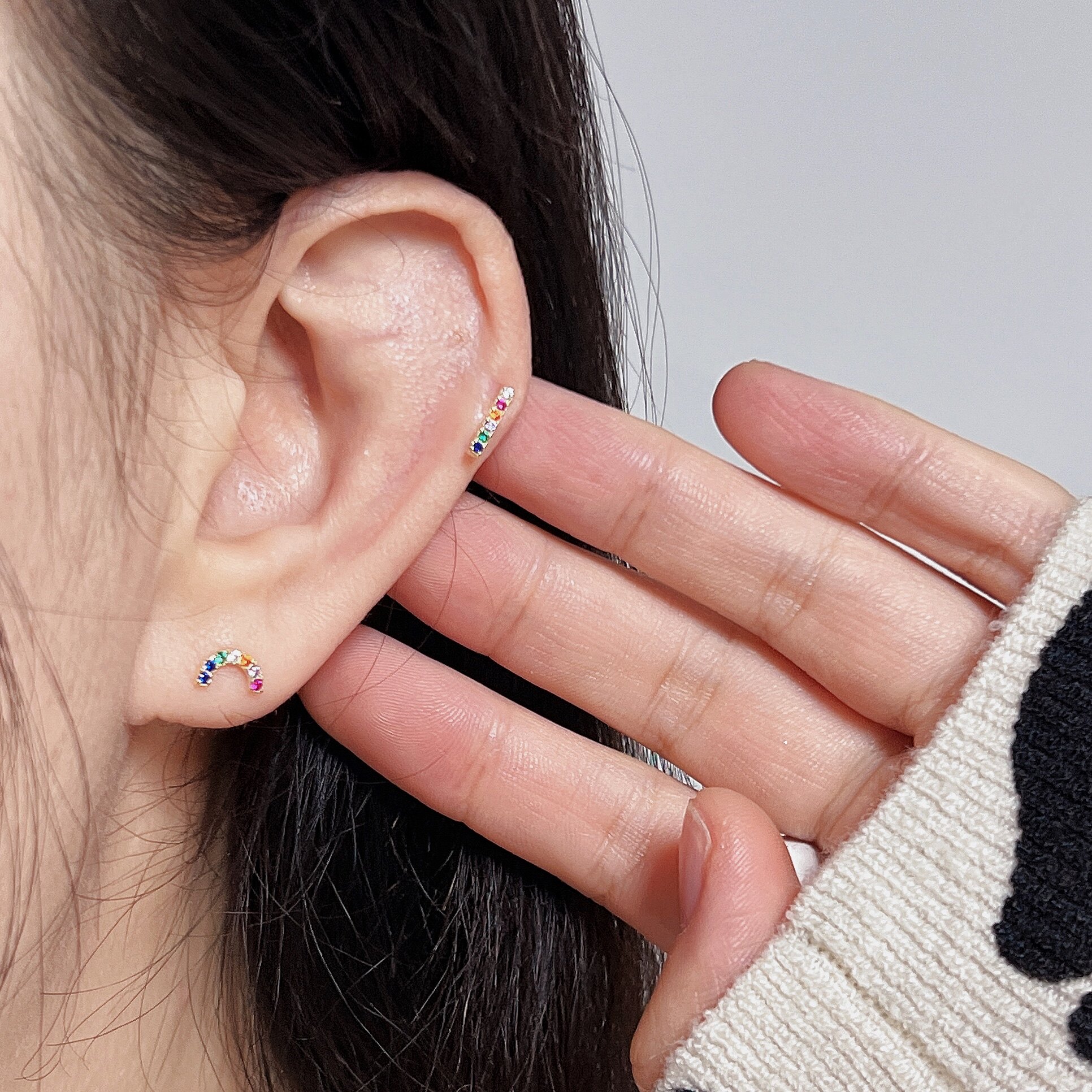 nuanxiaacc彩虹桥甜美镶钻迷你小巧银耳耳钉耳骨耳钉