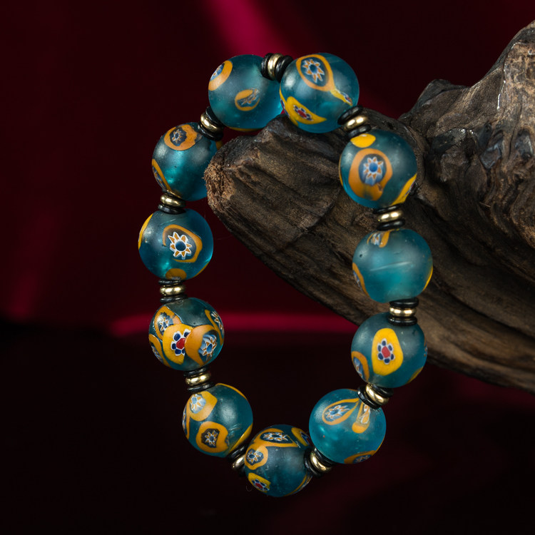 佛家七宝宫廷博山湖水蓝点花古法老药玉琉璃手链