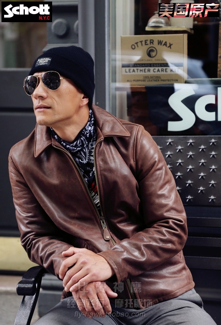 schottnyc美国原产复古翻领柔软蜡水牛皮工装机车皮衣