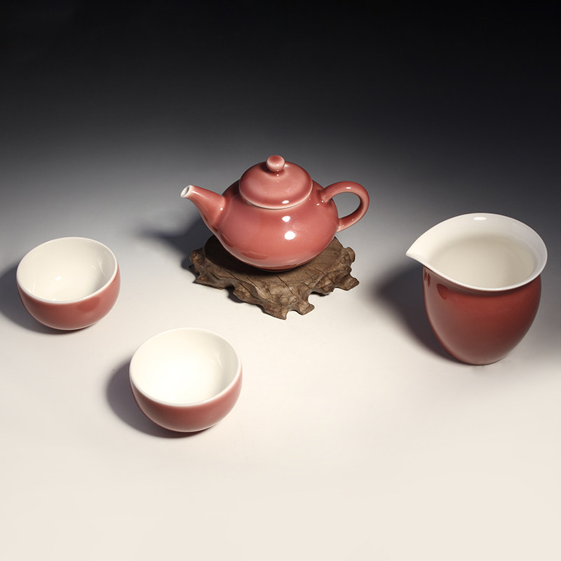 台湾晓芳窑桃红红釉芸芝壶2号茶海2只小圆口杯整套茶具