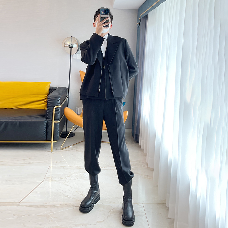 朱渣渣 新款三件套休闲短款小西装套装春秋时尚马甲西裤痞帅潮流