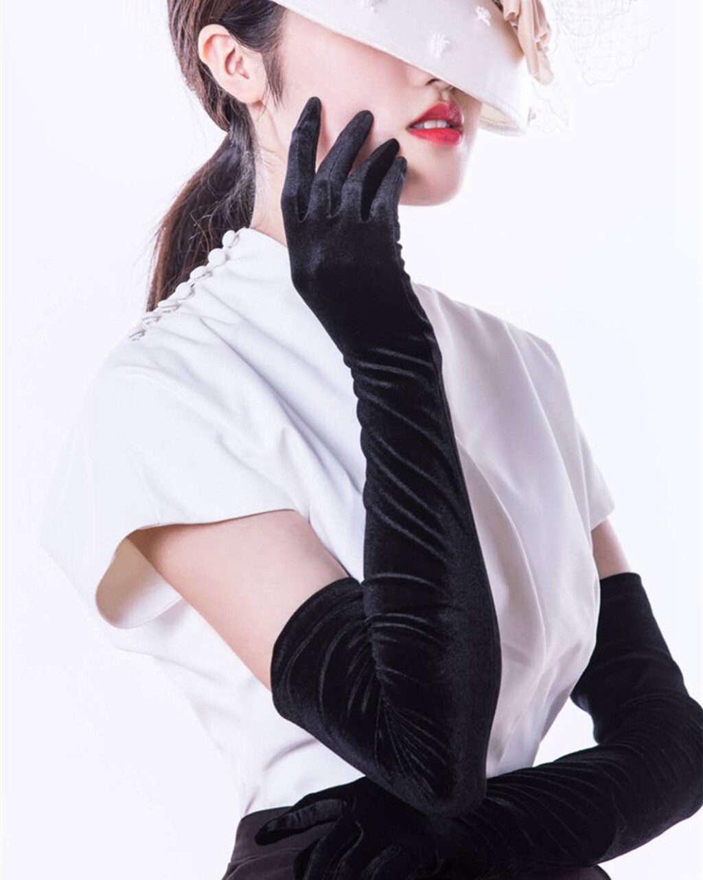 丝绒赫本手套女黑性感防嗮优雅礼服旗袍晚宴手套